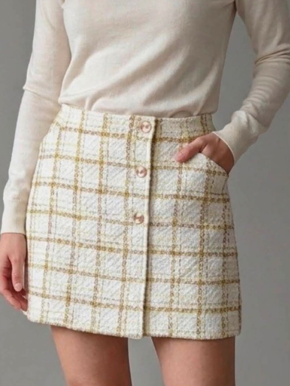 CAbi Cream and Yellow Plaid Tweed Mini Skirt